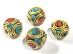 2 beads - Large 13 -1 4 mm Tibetan nepal brass beads with turquoise inlay - BD799