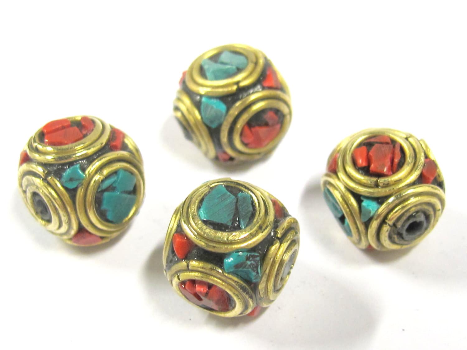 2 beads - Large 13 -1 4 mm Tibetan nepal brass beads with turquoise inlay - BD799