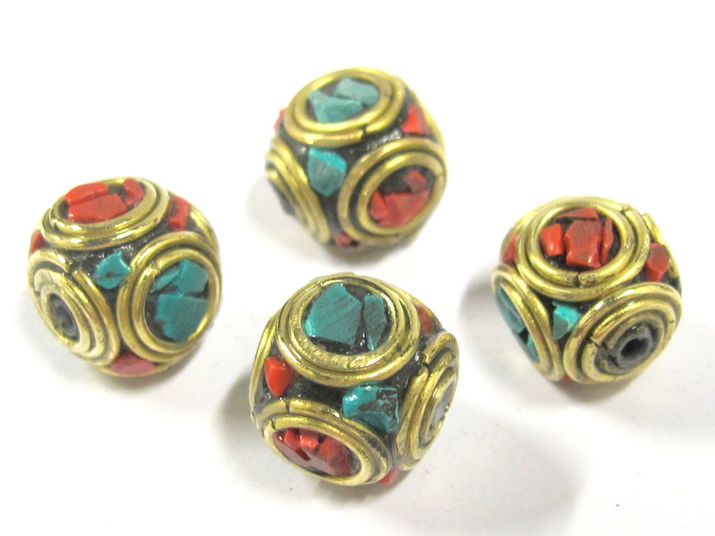 4 beads - Large 13 -1 4 mm Tibetan nepal brass beads with turquoise inlay - BD799s