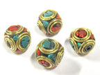 4 beads - Large 13 -1 4 mm Tibetan nepal brass beads with turquoise inlay - BD799s