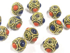 4 beads - Ethnic Tibetan nepal brass beads with red blue resin inlays - BD800