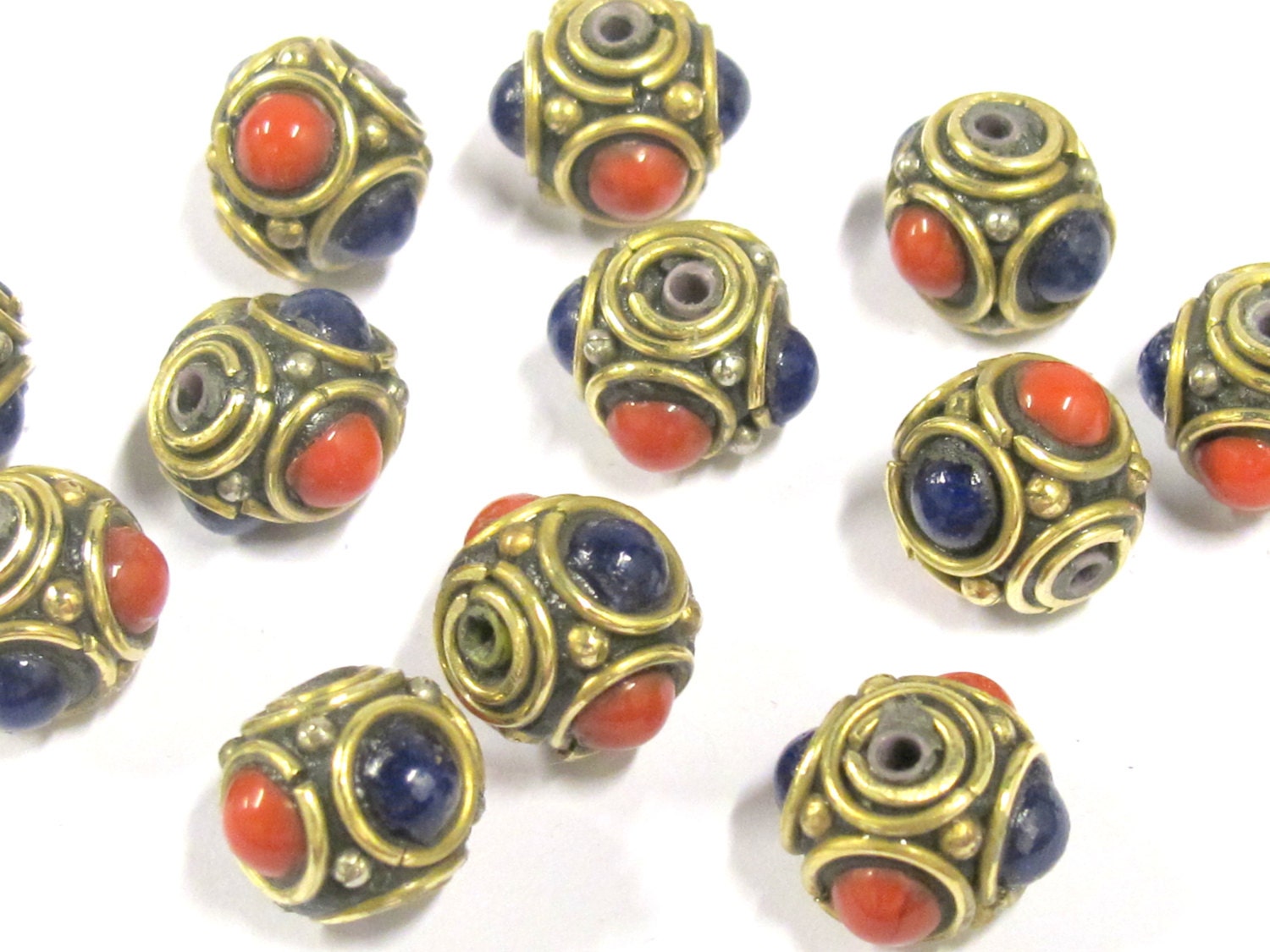 8 beads - Ethnic Tibetan nepal brass beads with red blue resin inlays - BD800s
