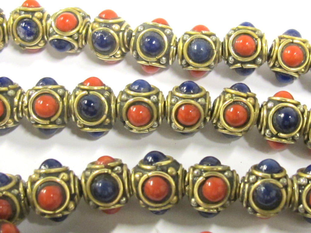 8 beads - Ethnic Tibetan nepal brass beads with red blue resin inlays - BD800s