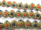 4 beads - Ethnic Tibetan nepal brass beads with red blue resin inlays - BD800