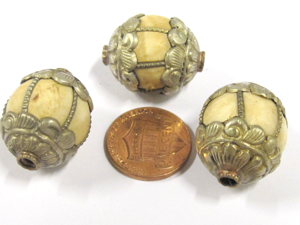 1 Bead - Tibetan silver antiqued floral capped grooved Tribal naga conch shell bead - CH060