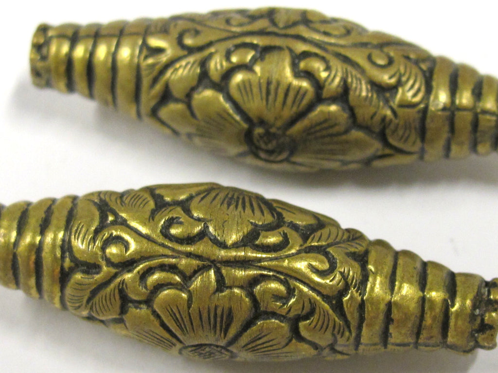 1 BEAD - Long Bicone shape tibetan brass repousse antiqued gold tone floral design beads 45 mm - BD804