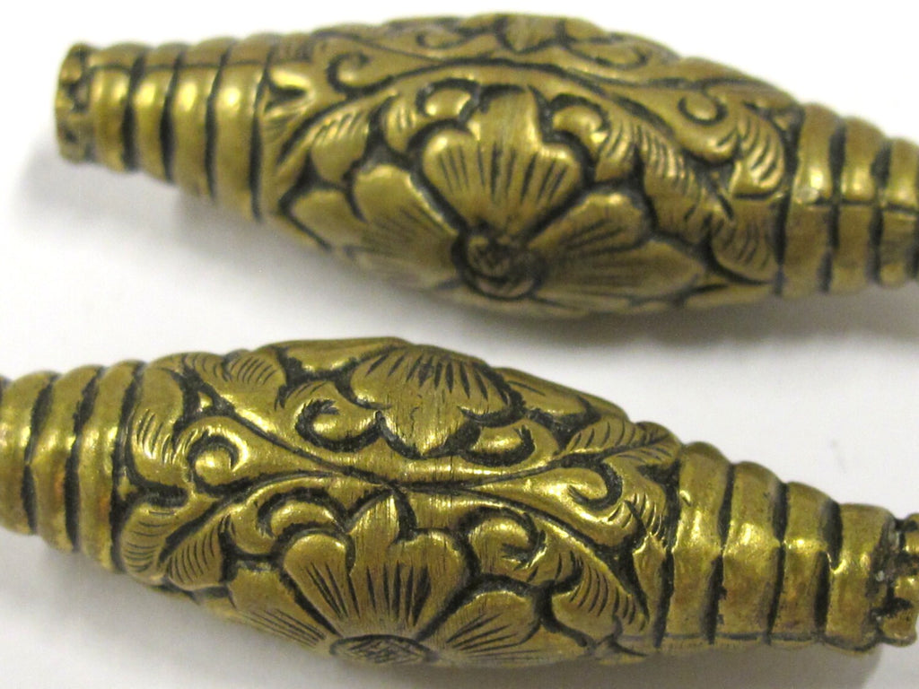 1 BEAD - Long Bicone shape tibetan brass repousse antiqued gold tone floral design beads 45 mm - BD804