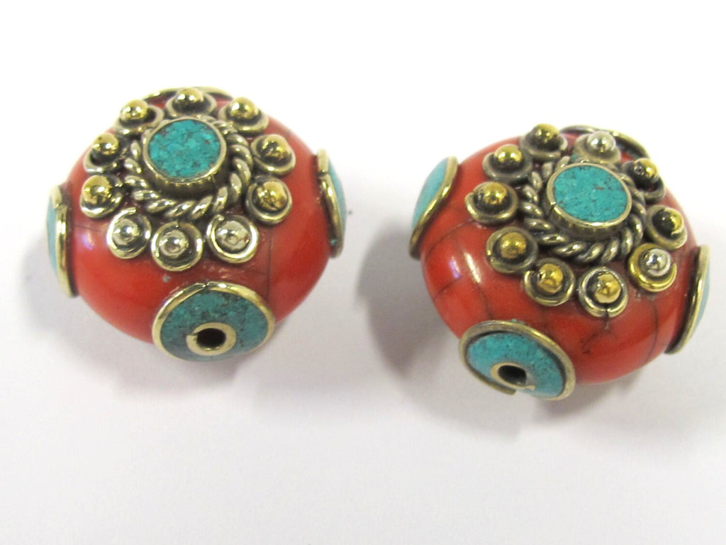 1 BEAD - Beautiful red crackle resin reversible beads inlaid with brass and turquoise - BD811