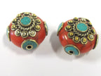 1 BEAD - Beautiful red crackle resin reversible beads inlaid with brass and turquoise - BD811