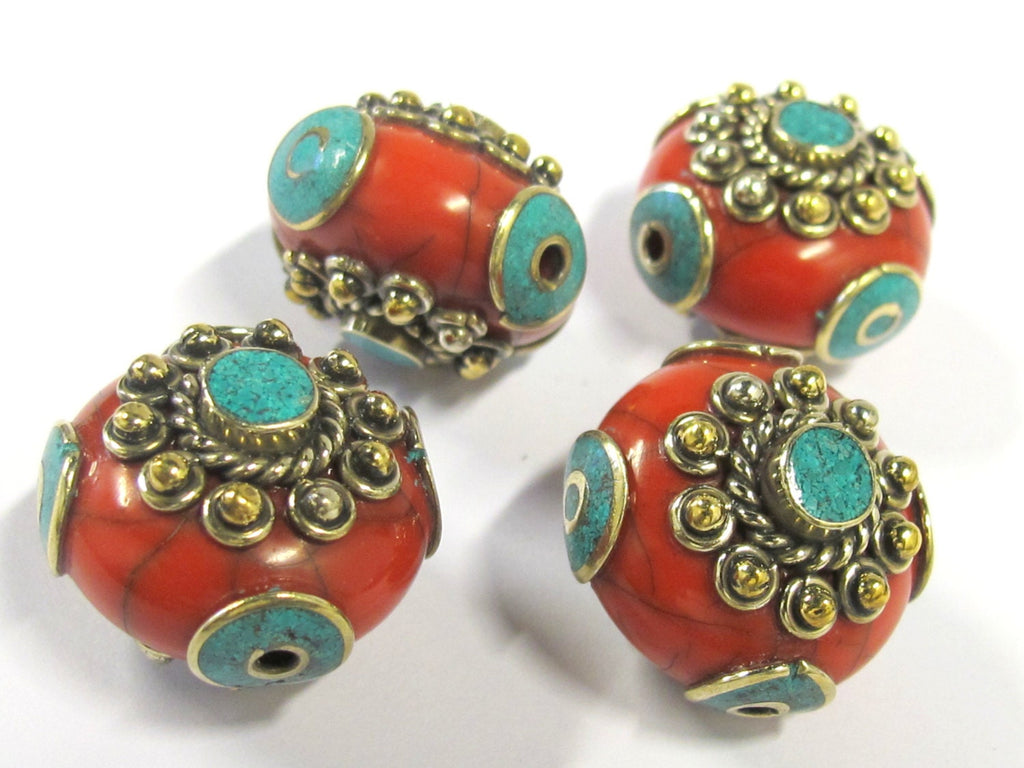 1 BEAD - Beautiful red crackle resin reversible beads inlaid with brass and turquoise - BD811