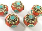 1 BEAD - Beautiful red crackle resin reversible beads inlaid with brass and turquoise - BD811