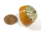 1 BEAD - Large amber copal resin tibetan silver floral design capped bead from Nepal - BD814