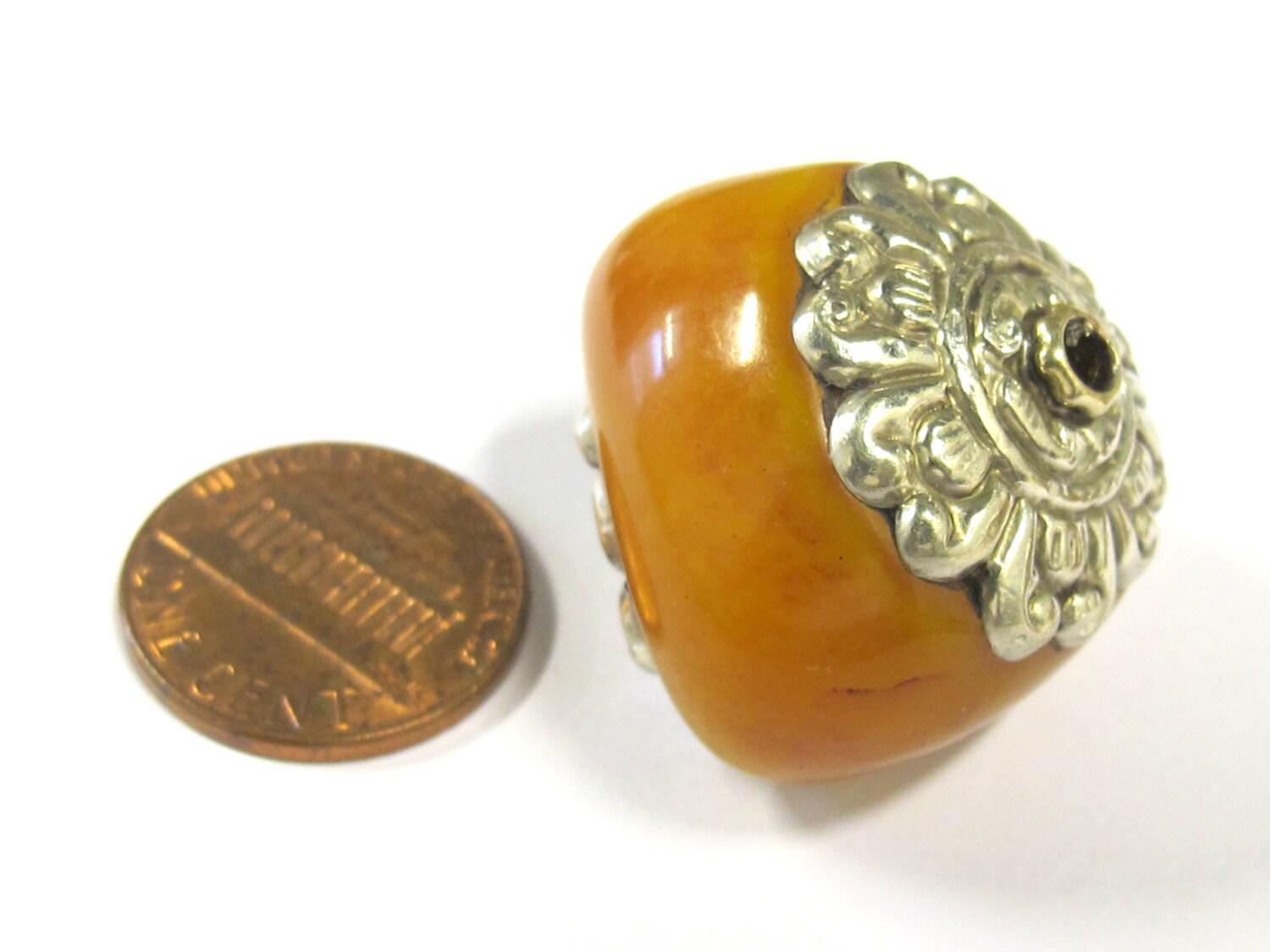 1 BEAD - Large amber copal resin tibetan silver floral design capped bead from Nepal - BD814