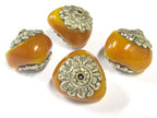 1 BEAD - Large amber copal resin tibetan silver floral design capped bead from Nepal - BD814