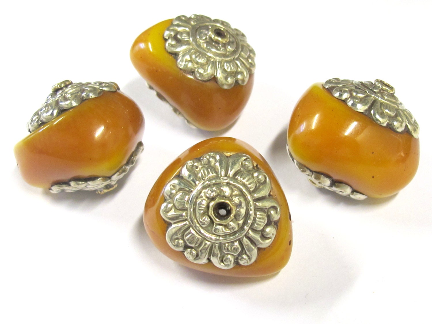 1 BEAD - Large amber copal resin tibetan silver floral design capped bead from Nepal - BD814
