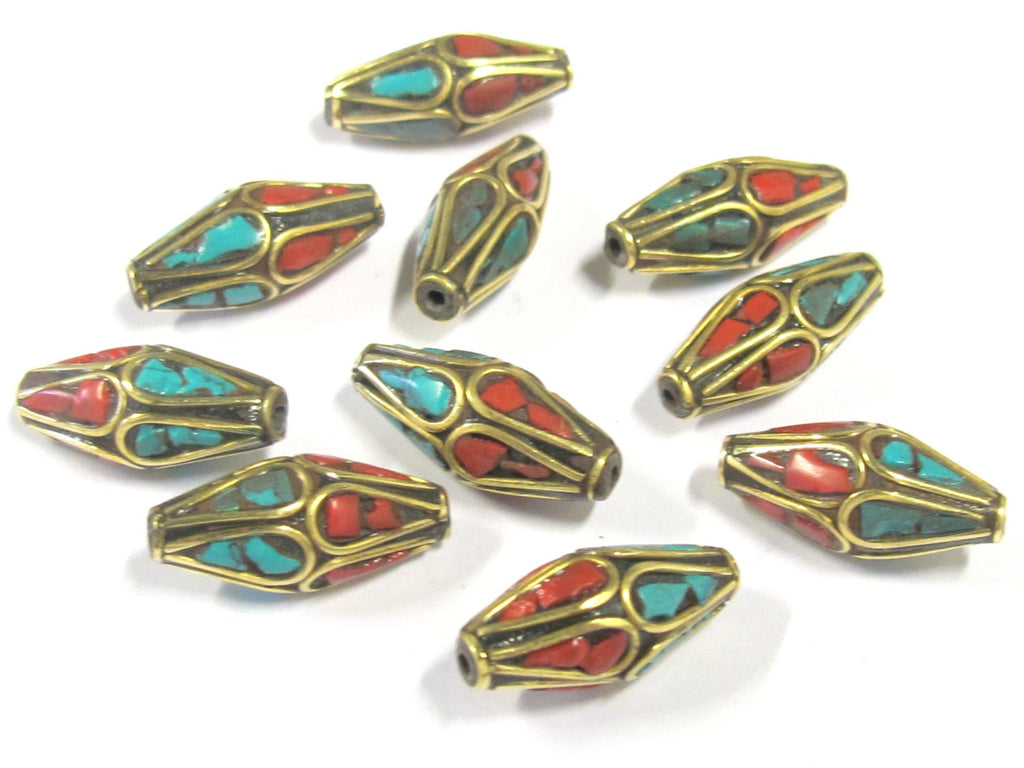 2 Beads - Bicone ethnic Nepal brass beads with turquoise coral inlay - BD815