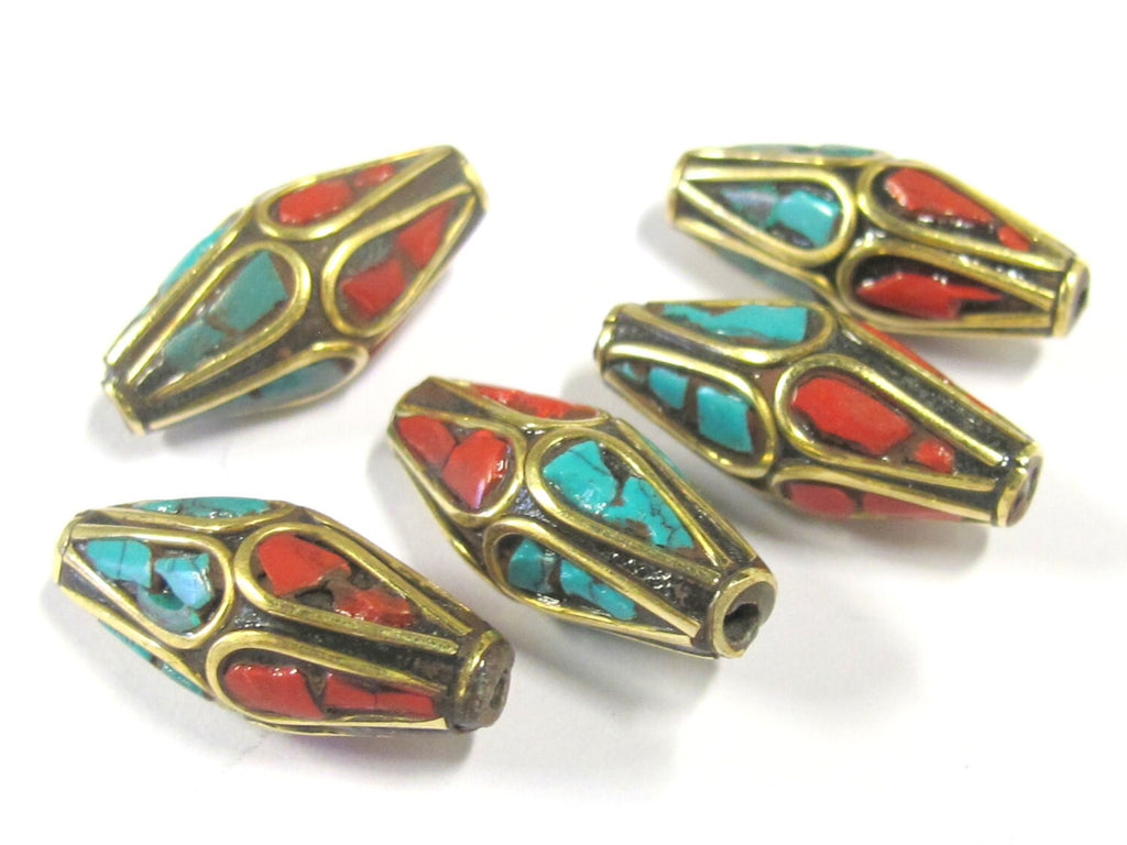 2 Beads - Bicone ethnic Nepal brass beads with turquoise coral inlay - BD815