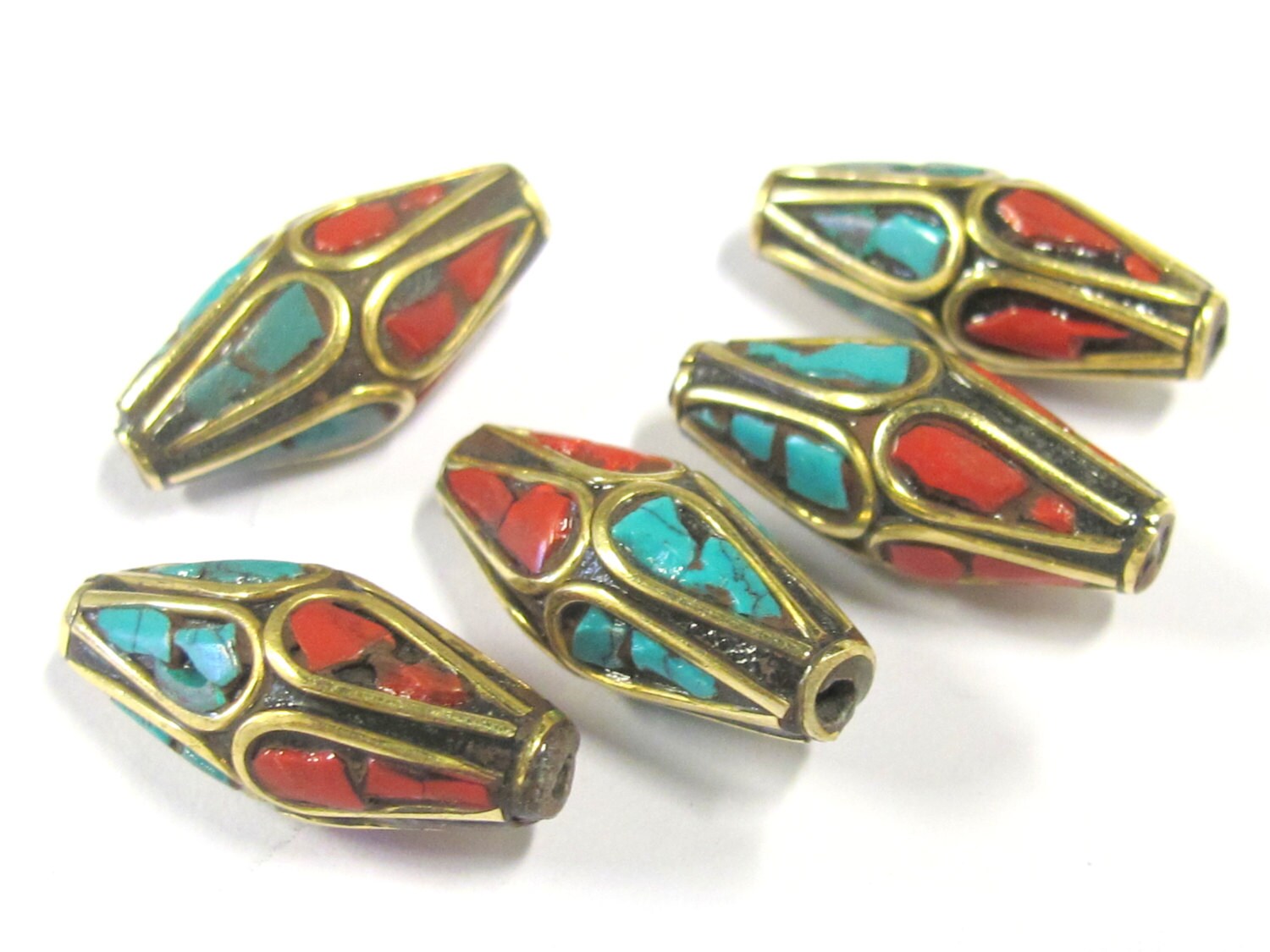 2 Beads - Bicone ethnic Nepal brass beads with turquoise coral inlay - BD815