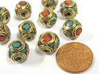 2 Beads - Rondelle shape ethnic Nepal brass beads with turquoise inlay - BD817