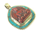 Tibetan red Buddha pendant with turquoise and brass inlay from Nepal - PS008C