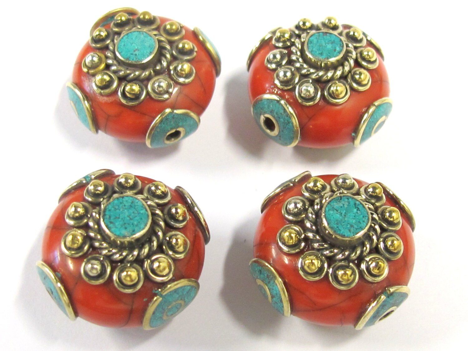 1 BEAD - Beautiful red crackle resin reversible beads inlaid with brass and turquoise - BD811