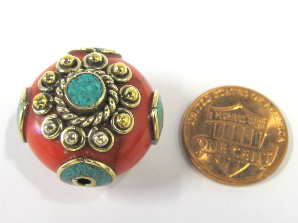 1 BEAD - Beautiful red crackle resin reversible beads inlaid with brass and turquoise - BD811
