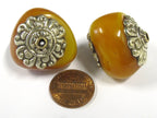 1 BEAD - Large amber copal resin tibetan silver floral design capped bead from Nepal - BD814