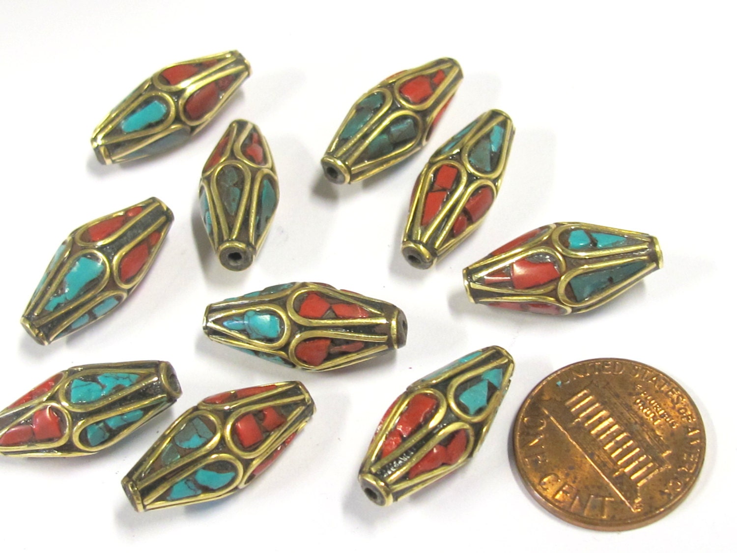 2 Beads - Bicone ethnic Nepal brass beads with turquoise coral inlay - BD815