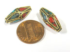 2 Beads - Bicone ethnic Nepal brass beads with turquoise coral inlay - BD815