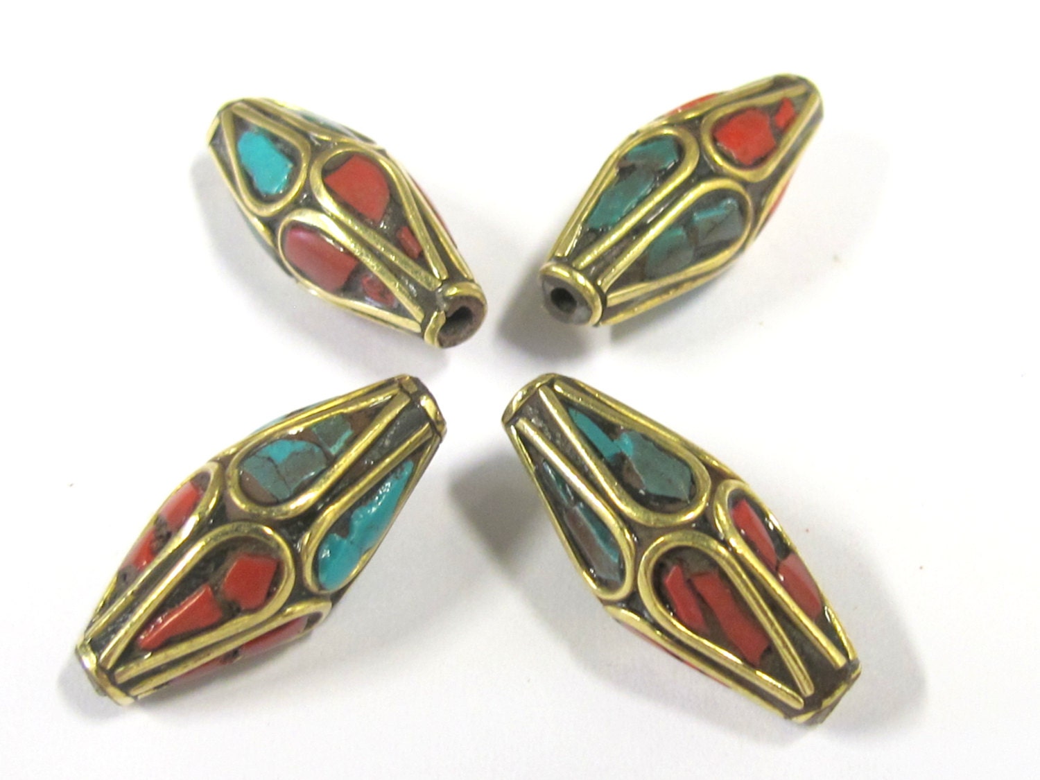 2 Beads - Bicone ethnic Nepal brass beads with turquoise coral inlay - BD815
