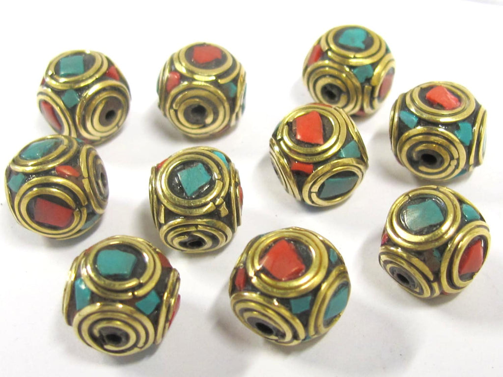 2 Beads - Rondelle shape ethnic Nepal brass beads with turquoise inlay - BD817