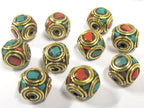2 Beads - Rondelle shape ethnic Nepal brass beads with turquoise inlay - BD817