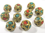 2 Beads - Rondelle shape ethnic Nepal brass beads with turquoise inlay - BD817