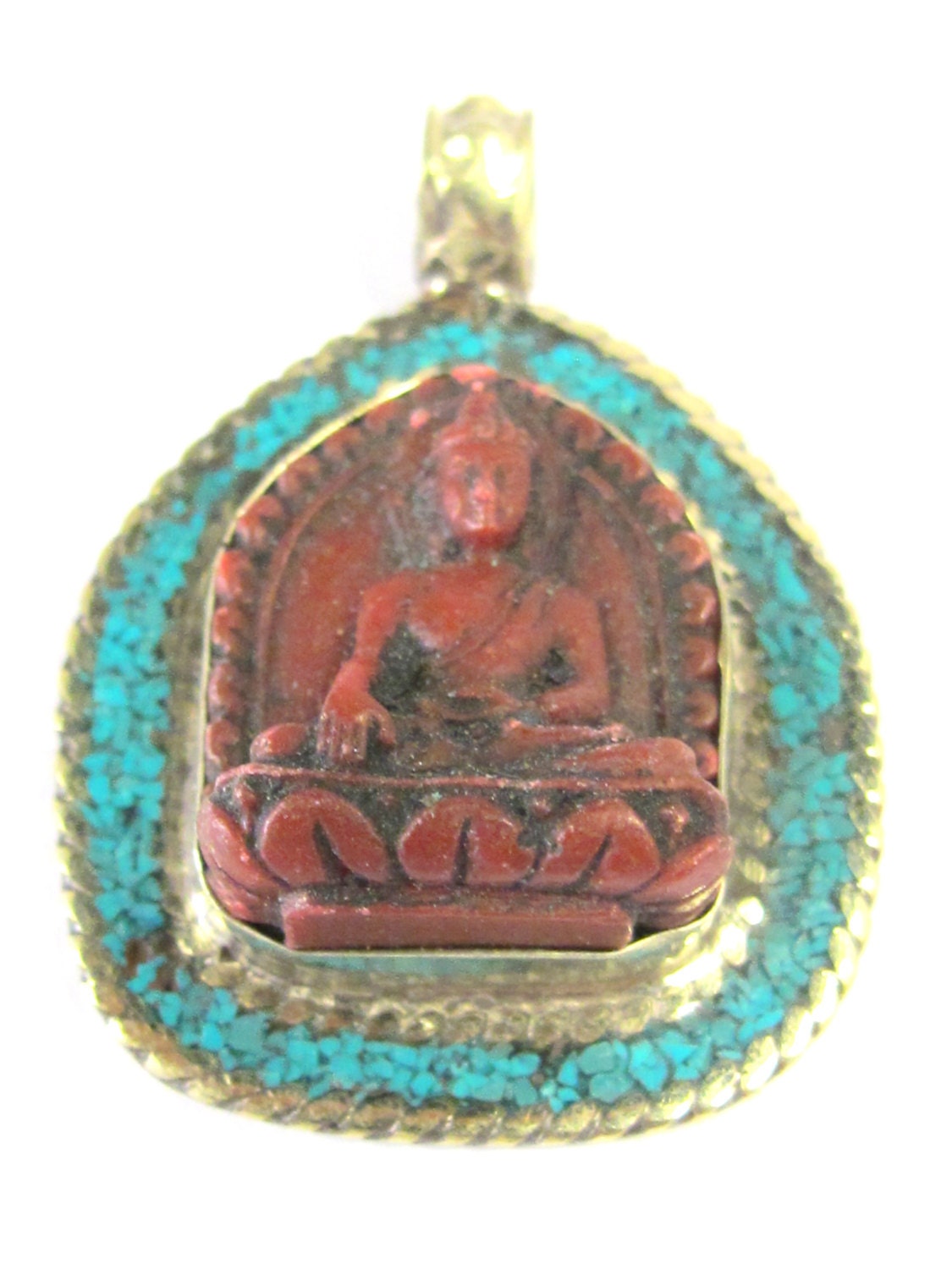 Tibetan red Buddha pendant with turquoise and brass inlay from Nepal - PS008C