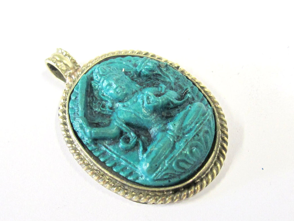 1 Pendant - Oval shape Tibetan Green Manjushri pendant from Nepal - PS009