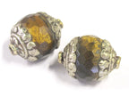 2 BEADS - Tibetan silver finish capped faceted Tigers eye gemstone bead 16 mm x 20 mm - BD821A