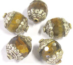 2 BEADS - Tibetan silver finish capped faceted Tigers eye gemstone bead 16 mm x 20 mm - BD821A