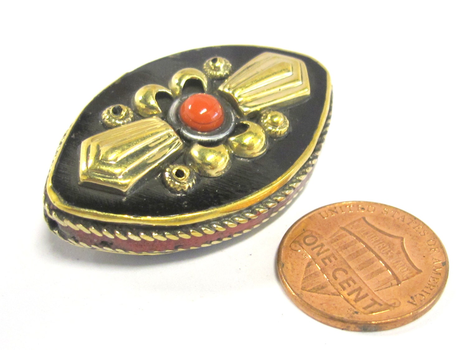 1 Bead - Reversible Tibetan brass inlaid floral design bead with coral inlay - BD823B