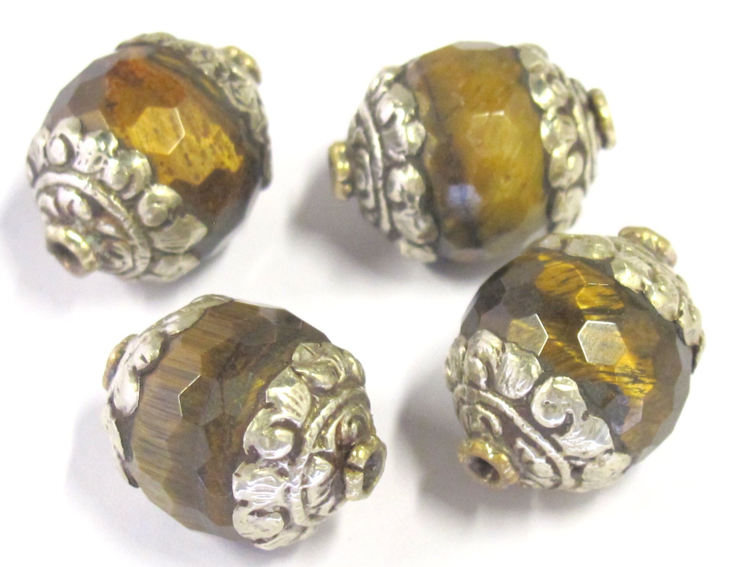 2 BEADS - Tibetan silver finish capped faceted Tigers eye gemstone bead 16 mm x 20 mm - BD821A