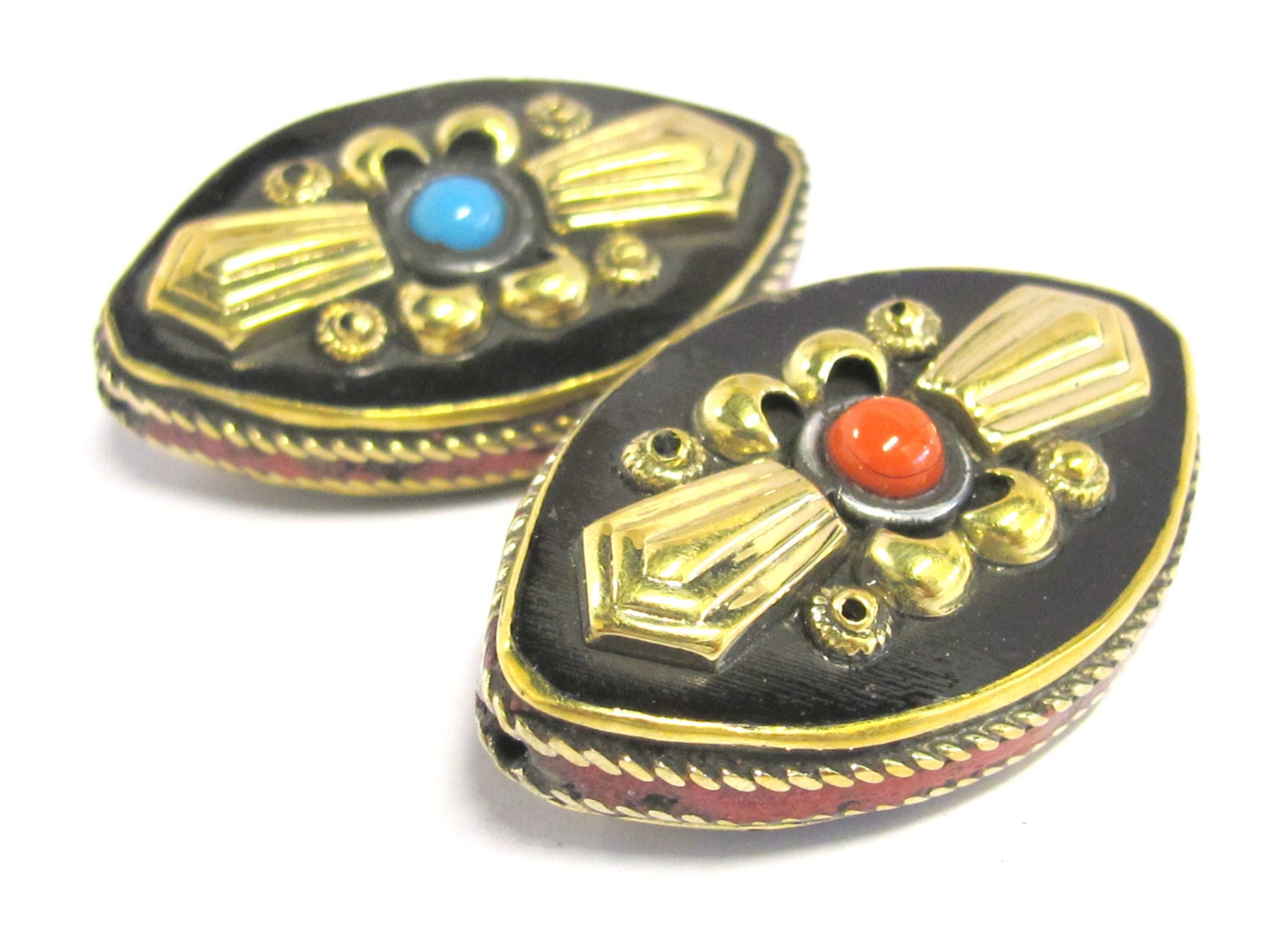 1 Bead - Reversible Tibetan brass inlaid floral design bead with coral inlay - BD823B