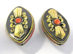 1 Bead - Reversible Tibetan brass inlaid floral design bead with coral inlay - BD823B