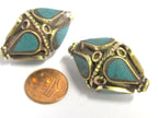 1 Bead - Large Big Tibetan bead - Beautiful large focal bold bicone shape tibetan nepali beads turquoise inlay - BD824