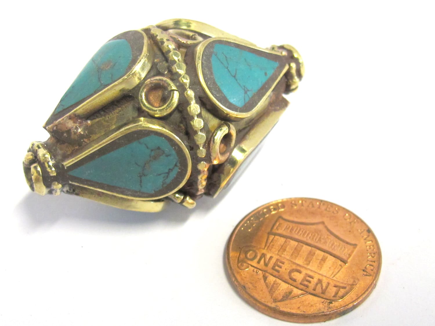 1 Bead - Large Big Tibetan bead - Beautiful large focal bold bicone shape tibetan nepali beads turquoise inlay - BD824