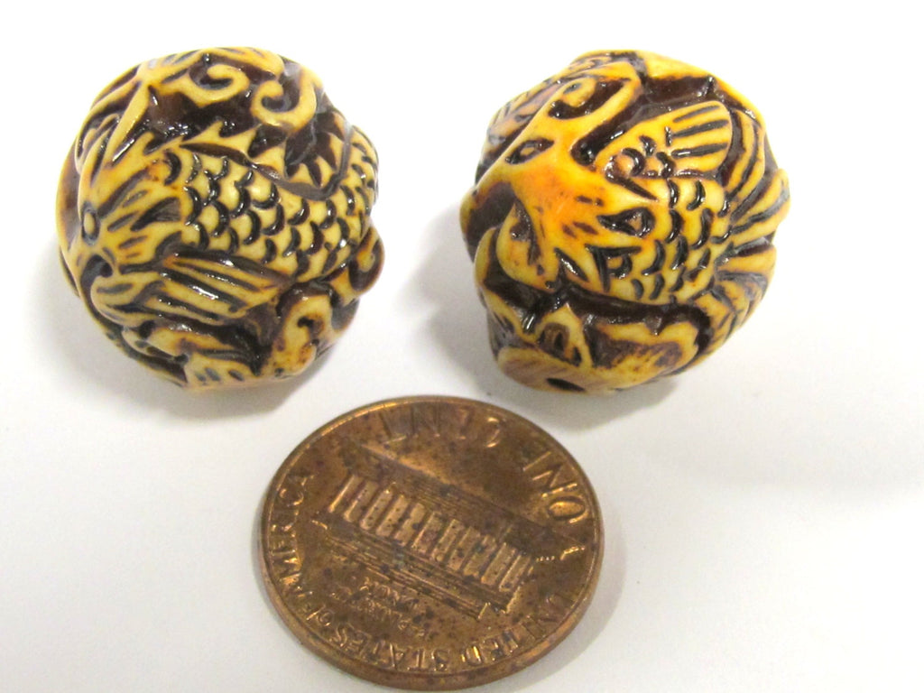 1 Bead - Tibetan carved reconstituted coral resin dragon with phoenix bird bead - BD825
