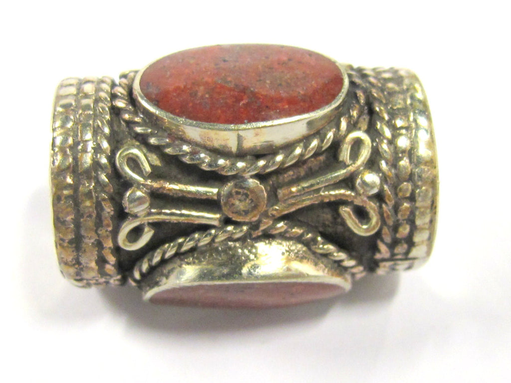 1 Bead - Large cylinder shape tibetan silver bead with 3 sided coral inlay from Nepal - BD827