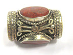 1 Bead - Large cylinder shape tibetan silver bead with 3 sided coral inlay from Nepal - BD827