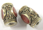 1 Bead - Large cylinder shape tibetan silver bead with 3 sided coral inlay from Nepal - BD827