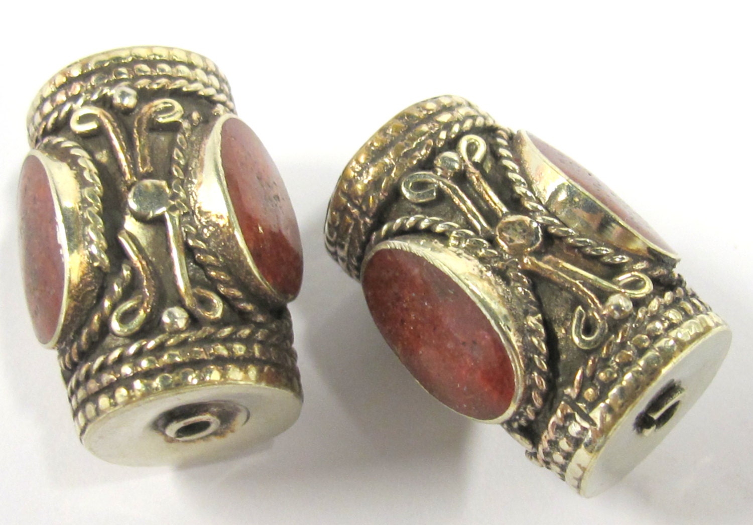 1 Bead - Large cylinder shape tibetan silver bead with 3 sided coral inlay from Nepal - BD827