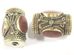 1 Bead - Large cylinder shape tibetan silver bead with 3 sided coral inlay from Nepal - BD827