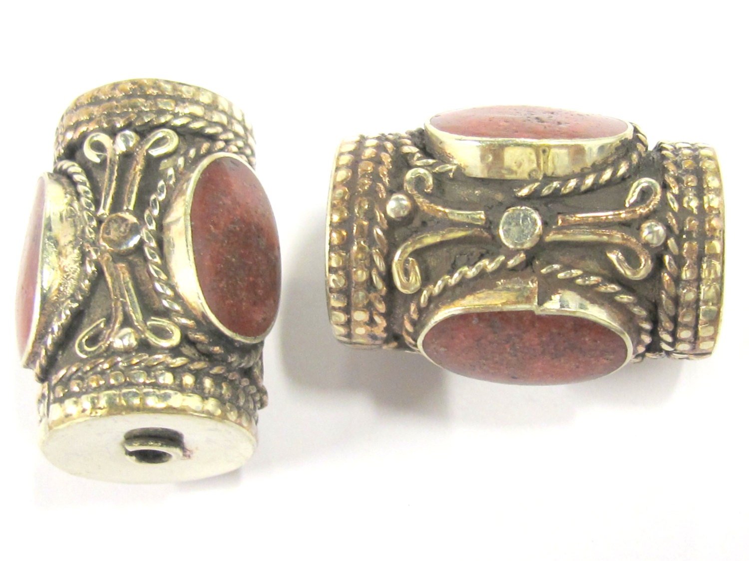 1 Bead - Large cylinder shape tibetan silver bead with 3 sided coral inlay from Nepal - BD827
